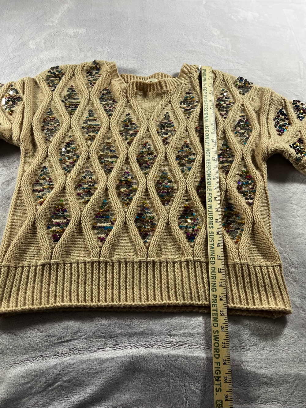 Bibi Beige Cable Knit Sweater with Multicolor Inset Multicolor Sequins Size XL - Picture 9 of 15